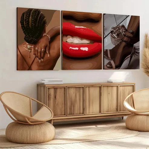 3pcs Black Female Art Boho Fashion Figures Red Wall Art Set Canvas Unframed - High Quality Print 100% Australian Made Wall Canvas - Bella Home Decor