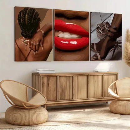 3pcs Black Female Art Boho Fashion Figures Red Wall Art Set Canvas Unframed - High Quality Print 100% Australian Made Wall Canvas - Bella Home Decor