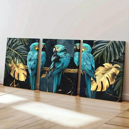 3pcs Exotic Parrots On Golden Tree Branch Wall Art Set Canvas Framed 60x90cm - High Quality Print 100% Australian Made Wall Canvas Ready to Hang - Bella Home Decor