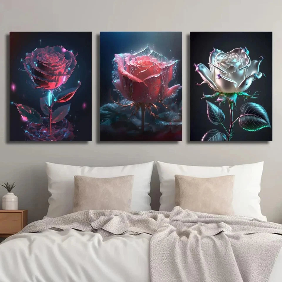 3pcs Beautiful Crystal Rose Bouquet Metal Print Ready to Hang Art - Bella Home Decor