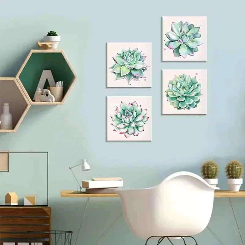 4pcs  Green Leaf Framed Nature Pictures Wall Art Canvas Framed