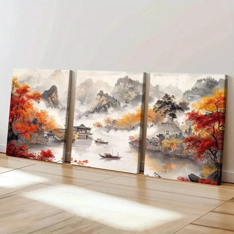 3pcs Chinese Autumn Mountain & River Scene Wall Art Set Canvas Framed 60x90cm - High Quality Print 100% Australian Made Wall Canvas Ready to Hang - Bella Home Decor