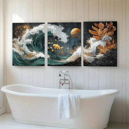 3pcs Golden Koi Fish and Ocean Waves Perfect Wall Art Set Canvas Framed 60x90cm - High Quality Print 100% Australian Made Wall Canvas Ready to Hang - Bella Home Decor