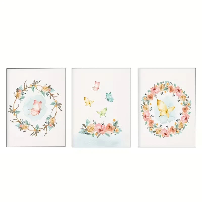 3pcs Bohemian Watercolor Butterfly & Flower   Wall Art Set Canvas Framed 50x70cm - High Quality Print 100% Australian Made Wall Canvas Ready to Hang - Bella Home Decor
