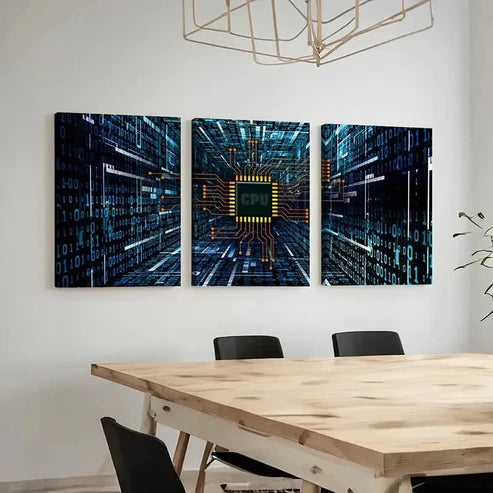 3pcs Technology with Chips CPU Internet Wall Art Canvas Unframed - High Quality Print 100% Australian Made Wall Canvas