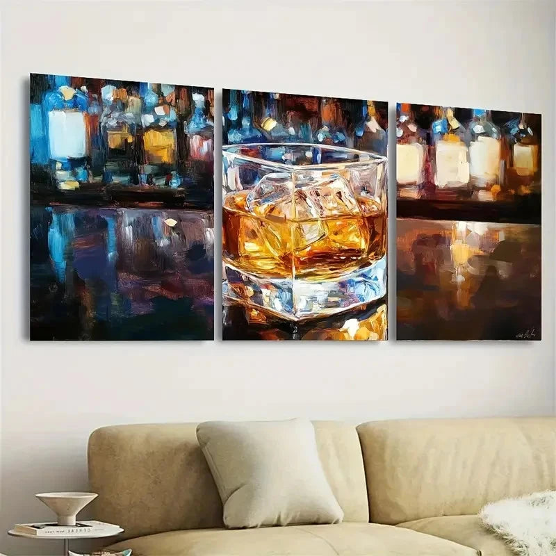 3pcs Scotch Whiskey Bar, Polyester Fiber Wall Art Set Canvas Framed 40x60cm - High Quality Print 100% Australian Made Wall Canvas Ready to Hang - Bella Home Decor