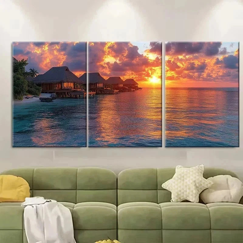 3pcs Luxury Resort Sunset Scene Wall Art Set Canvas Framed 50x70cm - High Quality Print 100% Australian Made Wall Canvas Ready to Hang - Bella Home Decor