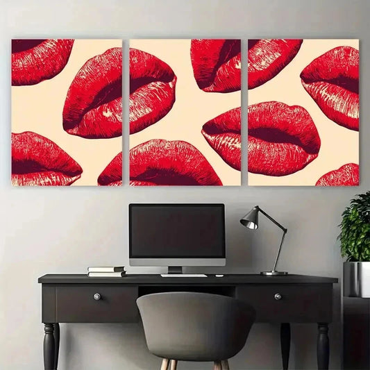3pcs Red Lips Preppy Funky Décor Perfect Wall Art Set Canvas Framed 60x90cm - High Quality Print 100% Australian Made Wall Canvas Ready to Hang