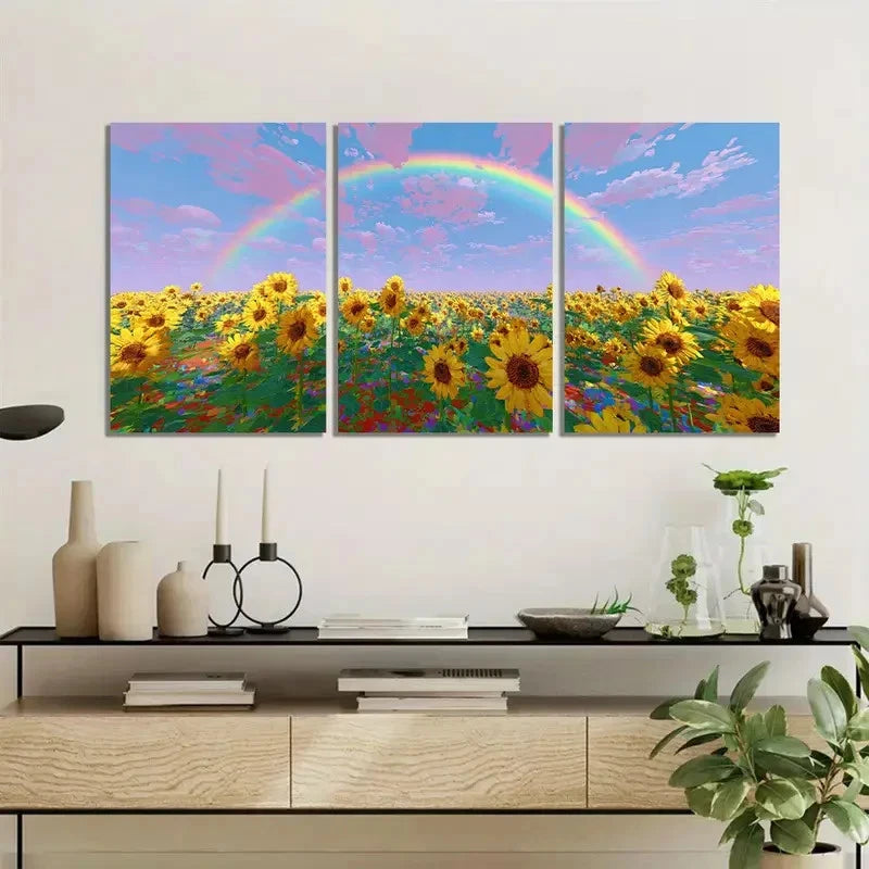 Triptych painting of sunflowers and rainbows above a decorative console table.
