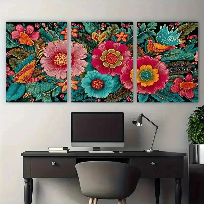 3pcs Vintage Colombian Floral Travel Perfect Wall Art Set Canvas Framed 50x70cm - High Quality Print 100% Australian Made Wall Canvas Ready to Hang