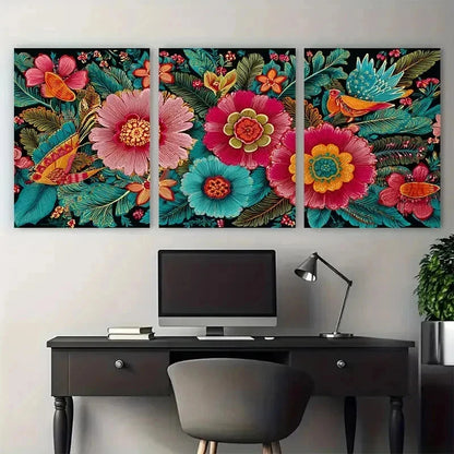 3pcs Vintage Colombian Floral Travel Perfect Wall Art Set Canvas Framed 50x70cm - High Quality Print 100% Australian Made Wall Canvas Ready to Hang