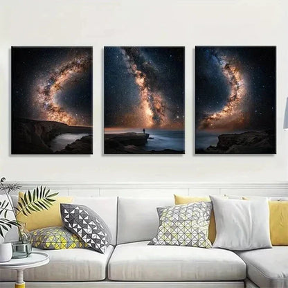 3pcs Milky Way Galaxy Over Ocean Cliff Art Set Canvas Unframed - High Quality Print 100% Australian Made Wall Canvas