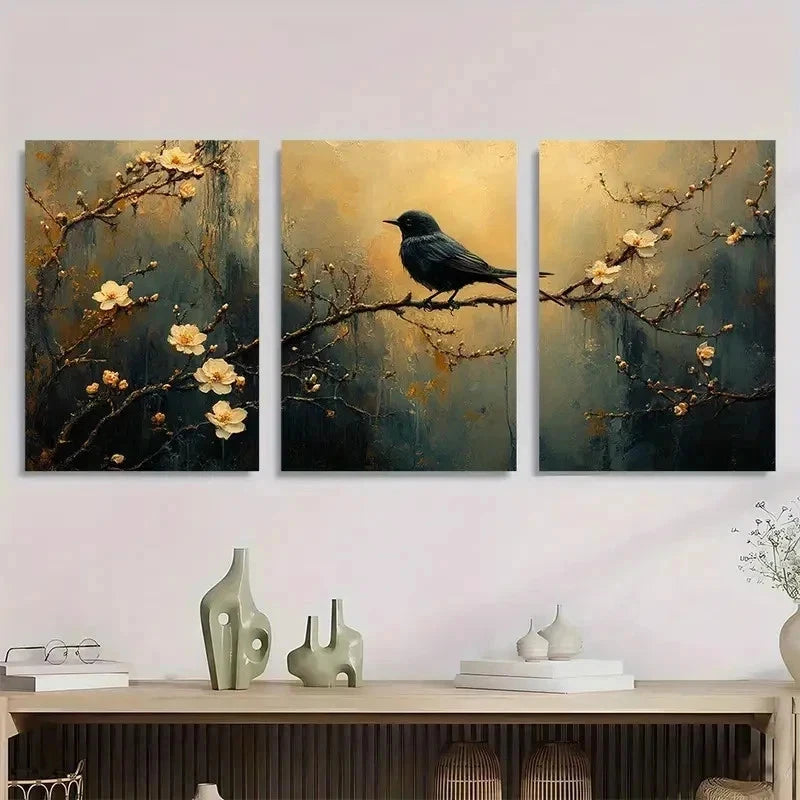3pcs Whimsical Dog & Blossom Design Perfect Wall Art Set Canvas Framed 50x70cm - High Quality Print 100% Australian Made Wall Canvas Ready to Hang