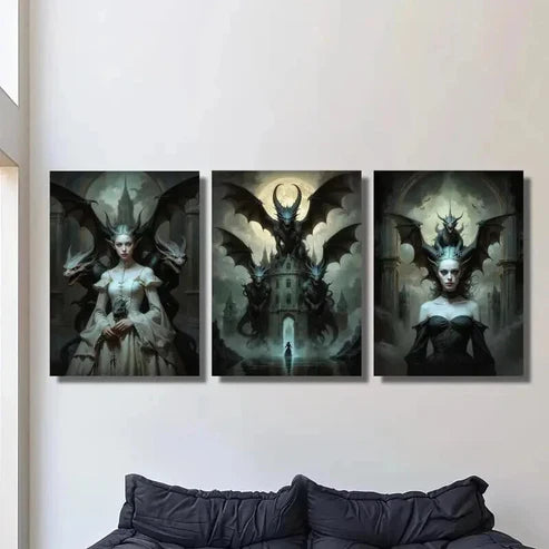 3pcs Haunted Dragon Queen Castle Illustration Wall Art Canvas Unframed - High Quality Print 100% Australian Made Wall Canvas