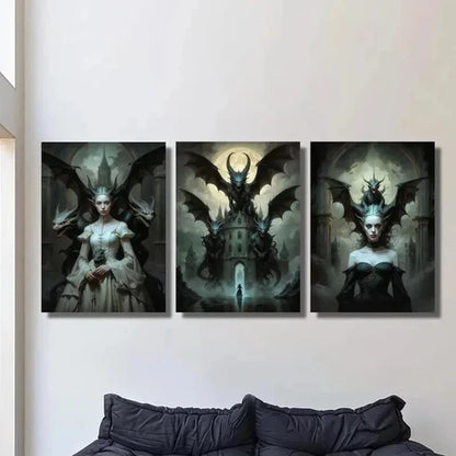 3pcs Haunted Dragon Queen Castle Illustration Wall Art Canvas Unframed - High Quality Print 100% Australian Made Wall Canvas