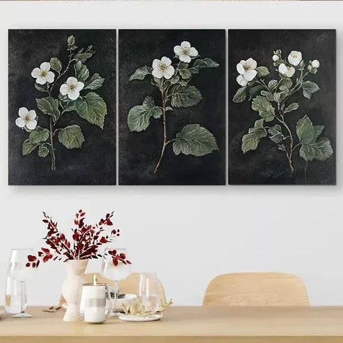 3pcs Elegant Botanical White Flower Triptych Wall Art Set Wall Art Canvas Unframed - High Quality Print 100% Australian Made Wall Canvas
