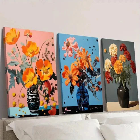 3pcs Colorful Botanical Flowers in Vases Wall Art Set Canvas Unframed - High Quality Print 100% Australian Made Wall Canvas - Bella Home Decor