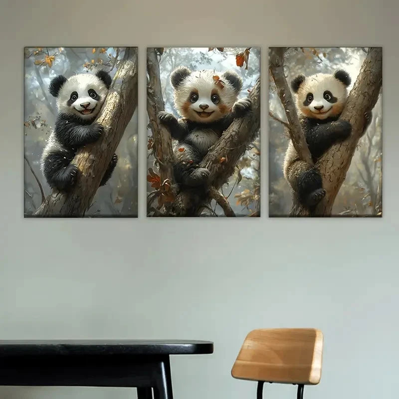 3pcs Three panda bears are sitting in a tree Wall Art Set Canvas Framed 40x60cm - High Quality Print 100% Australian Made Wall Canvas Ready to Hang - Bella Home Decor