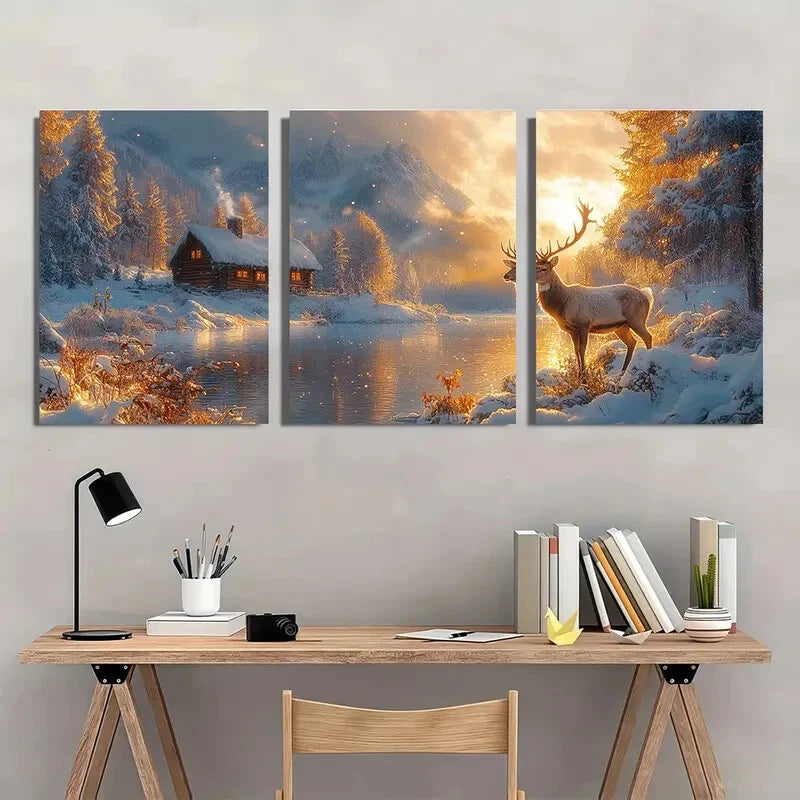 3pcs Landscape with Cozy Cabin & Majestic Stag Wall Art Set Canvas Framed 60x90cm - High Quality Print 100% Australian Made Wall Canvas Ready to Hang - Bella Home Decor