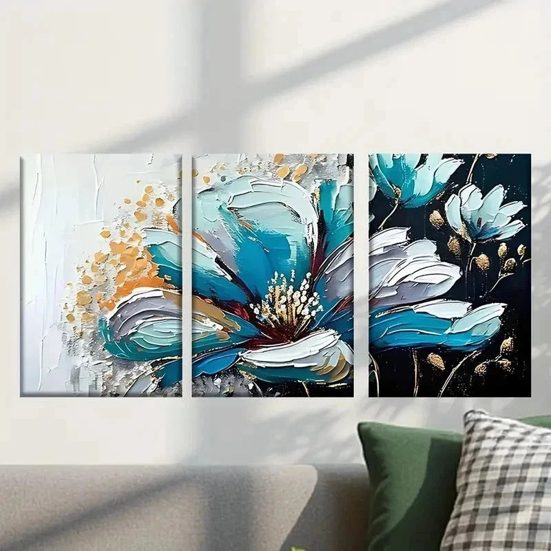 3pcs Blue Flowers with Golden Accent Wall Art Set Canvas Framed 50x70cm - High Quality Print 100% Australian Made Wall Canvas Ready to Hang - Bella Home Decor