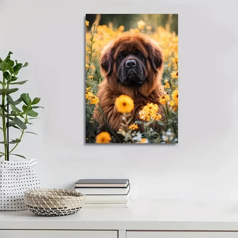 Tibetan Mastiff Dog & Vibrant Flowers Painting 40x60cm Metal Print Ready to Hang - Bella Home Decor