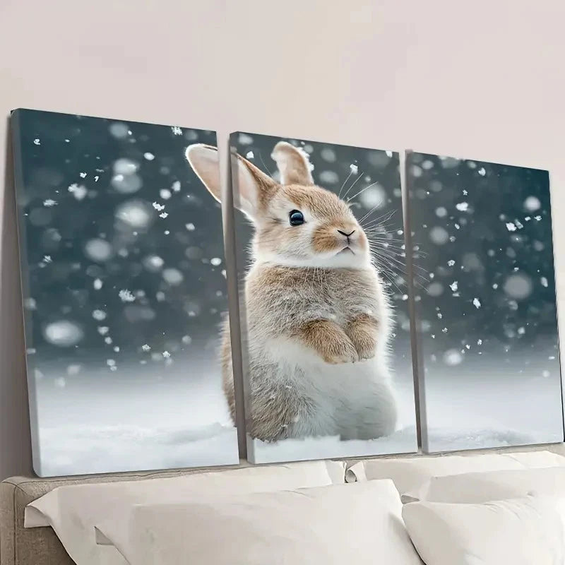 3pcs Cute Bunny in Snow Scene Wall Art Set Canvas Framed 60x90cm - High Quality Print 100% Australian Made Wall Canvas Ready to Hang - Bella Home Decor