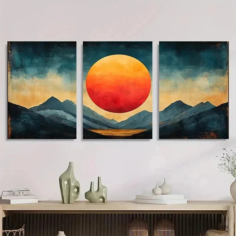 3pcs Geometric Sun Abstract Illustration Perfect Wall Art Set Canvas Framed 50x70cm - High Quality Print 100% Australian Made Wall Canvas Ready to Hang - Bella Home Decor
