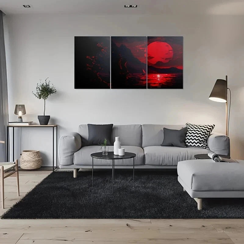 3pcs Red Sunset Sailing Boat Metal Print Ready to Hang Art
