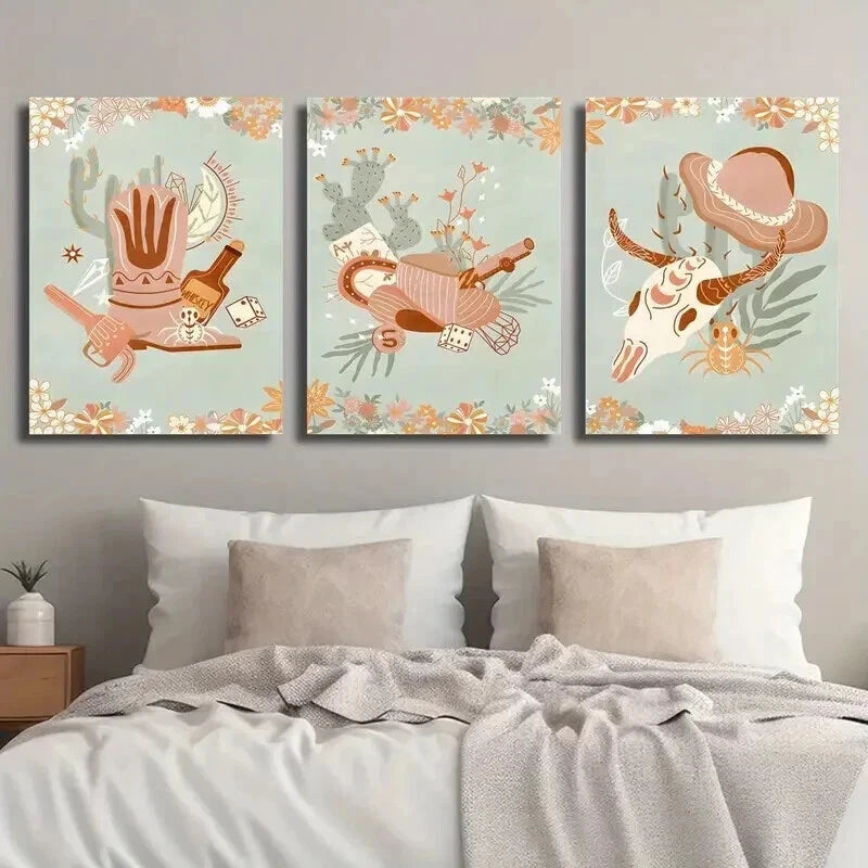 3pcs Southwestern Cowboy Boots & Hat Wall Art Set Canvas Framed 60x90cm - High Quality Print 100% Australian Made Wall Canvas Ready to Hang