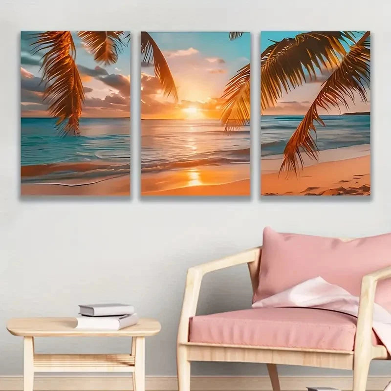 3pcs Sunset Beach Palm Scene Wall Art Set Canvas Framed 40x60cm - High Quality Print 100% Australian Made Wall Canvas Ready to Hang