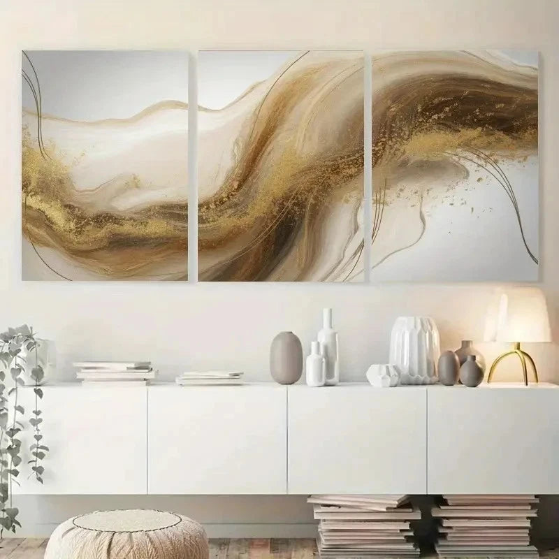 3pcs Golden Foil Ink Wash Decorations Painting Metal Print Ready to Hang Art - Bella Home Decor