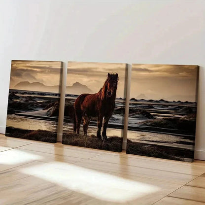 3pcs Brown Horse Near a River & Sunset Wall Art Set Canvas Framed 60x90cm - High Quality Print 100% Australian Made Wall Canvas Ready to Hang - Bella Home Decor