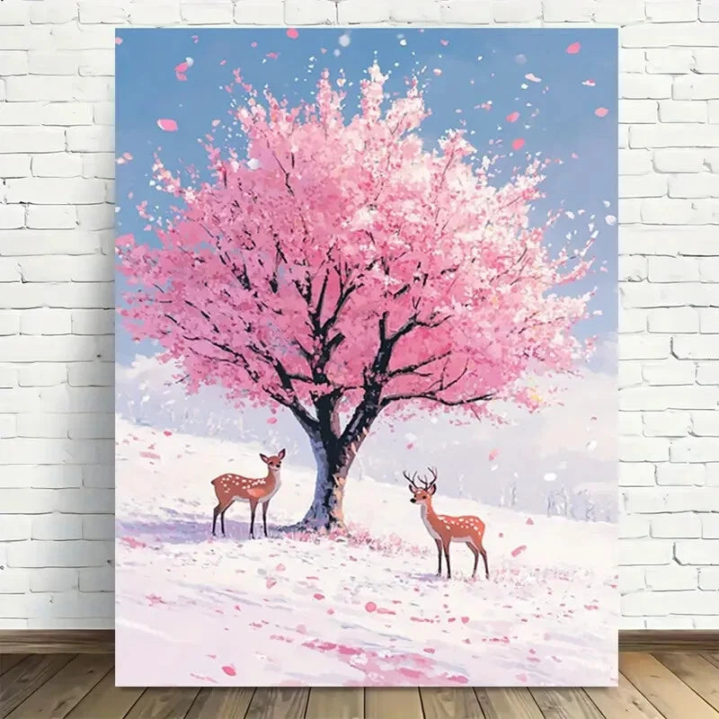 Beautiful Cherry Blossom Winter Scene Deer Painting 40x60cm Metal Print Ready to Hang - Bella Home Decor
