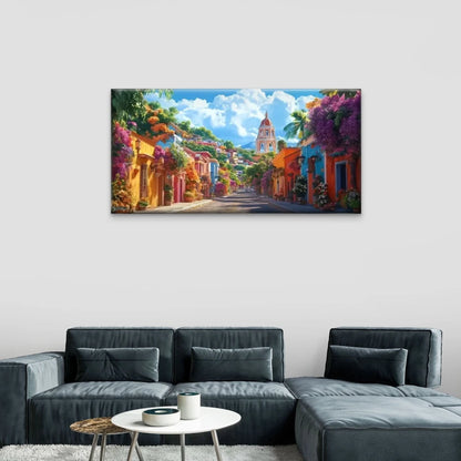 Street Colorful Flower Building Wall Art Canvas Office Home Room Framed 120x60cm