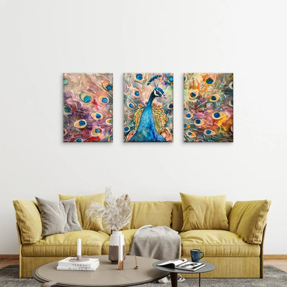 3pcs Watercolour Peacock Vibrant Feathers Wall Art Set Canvas Framed 50x70cm - High Quality Print 100% Australian Made Wall Canvas Ready to Hang