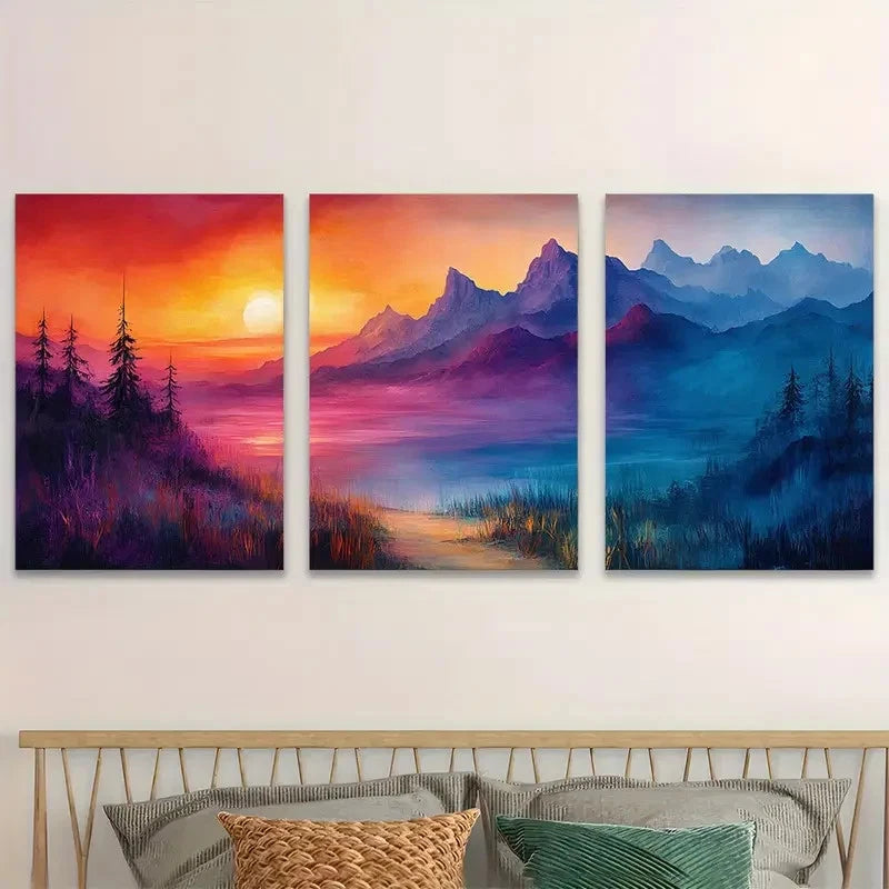 3pcs Vibrant Mountain Landscape Triptych At Sun  Wall Art Set Canvas Framed 60x90cm - High Quality Print 100% Australian Made Wall Canvas Ready to Hang - Bella Home Decor