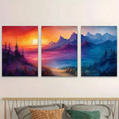 3pcs Vibrant Mountain Landscape Triptych At Sun  Wall Art Set Canvas Framed 60x90cm - High Quality Print 100% Australian Made Wall Canvas Ready to Hang - Bella Home Decor