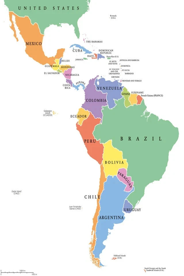 Latin America Single States Polit map with details 91x61cm poster AU