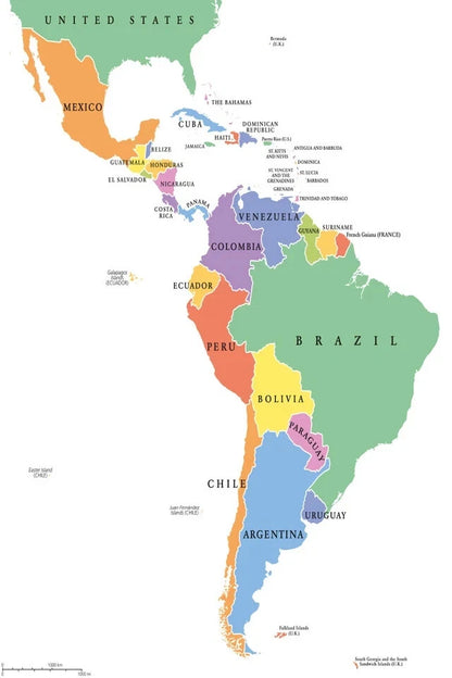 Latin America Single States Polit map with details 91x61cm poster AU