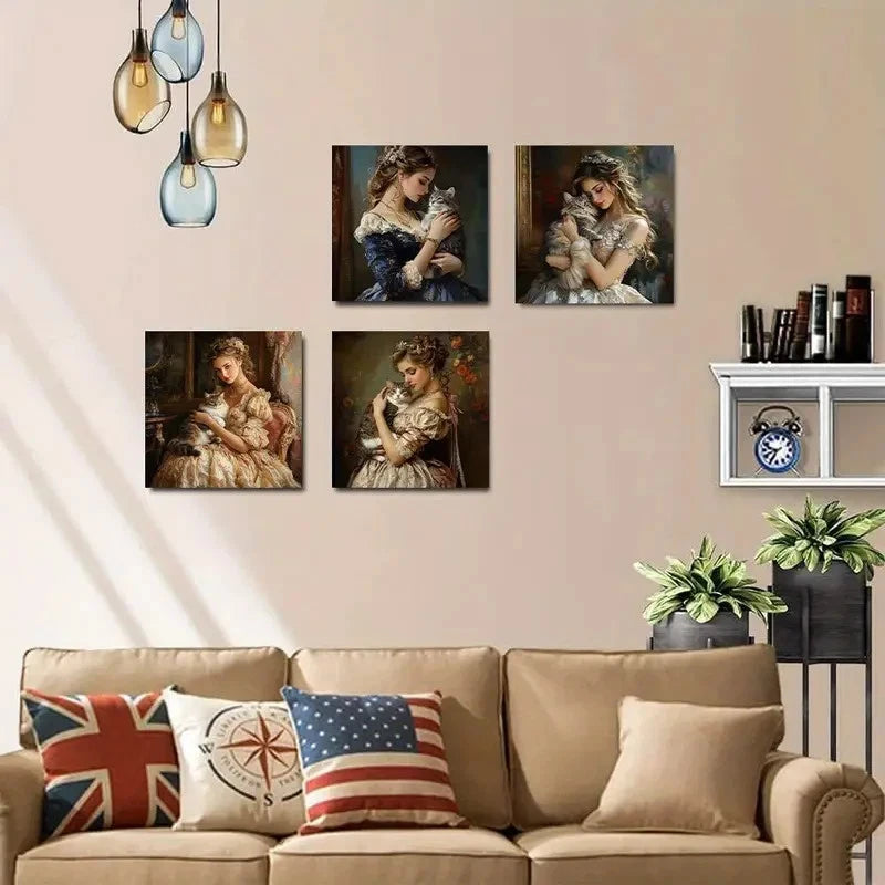 4pcs Elegant Lady Holding Cat Wall Art Canvas Framed