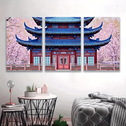 3pcs Red And Blue Pagoda I  Wall Art Set Canvas Framed 50x70cm - High Quality Print 100% Australian Made Wall Canvas Ready to Hang - Bella Home Decor