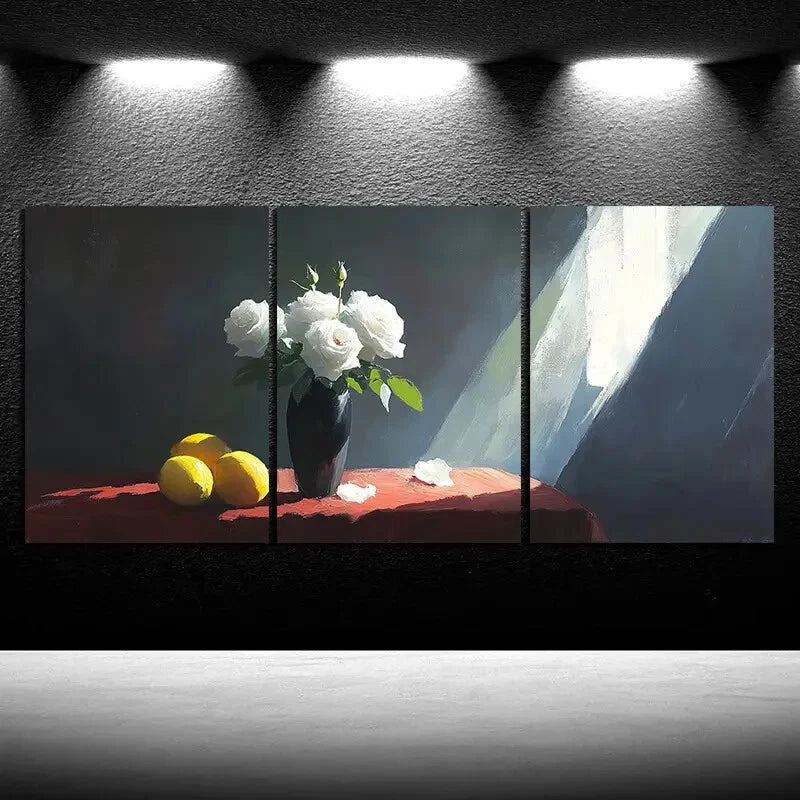 3pcs Chic White Rose Black Vase Metal Print Ready to Hang Art - Bella Home Decor
