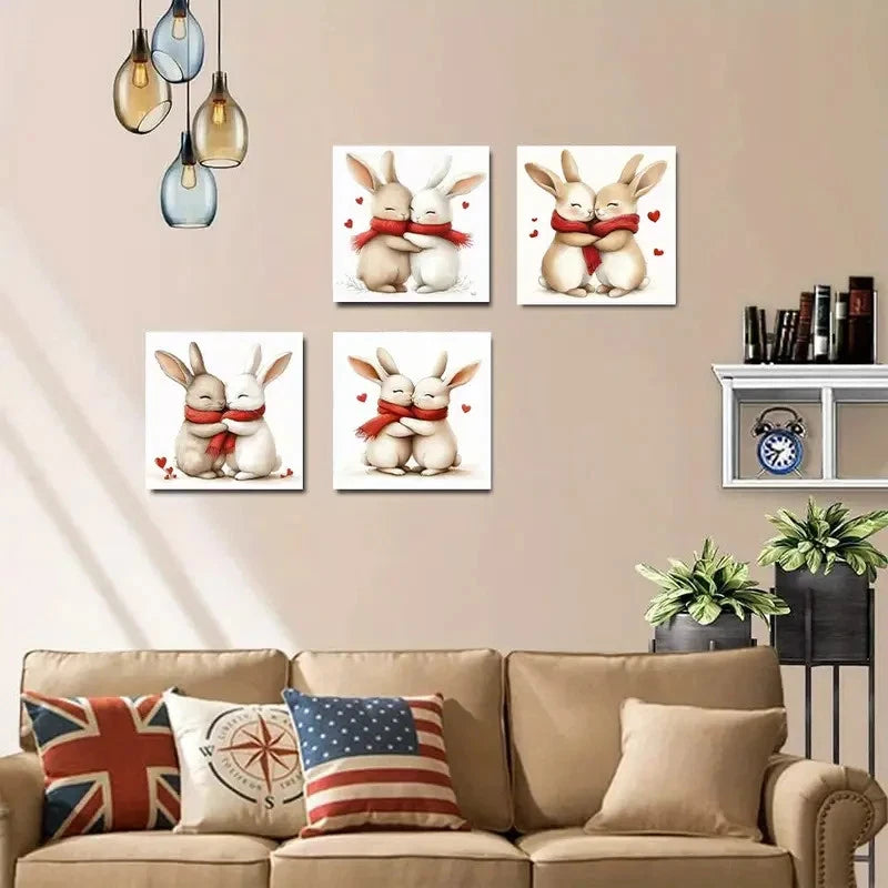 4pcs Bunny Love Hu Wall Art Canvas Framed