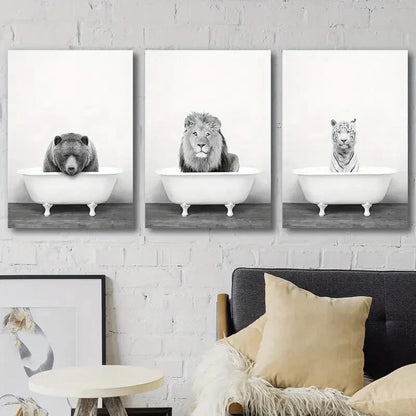 3pcs Vintage Black White Bear Lion Tiger Perfect Wall Art Set Canvas Framed 60x90cm - High Quality Print 100% Australian Made Wall Canvas Ready to Hang - Bella Home Decor