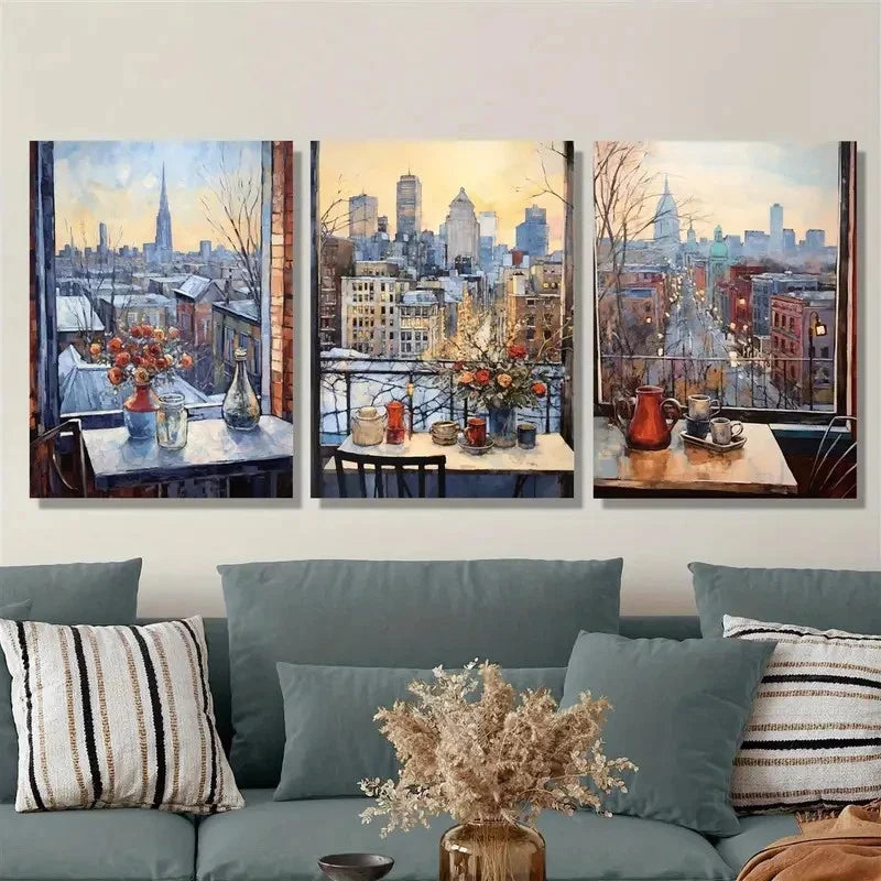 3pcs Chicago Winter Impressionistic Cityscape Metal Print Ready to Hang Art - Bella Home Decor
