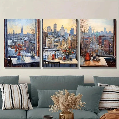 3pcs Chicago Winter Impressionistic Cityscape Metal Print Ready to Hang Art - Bella Home Decor