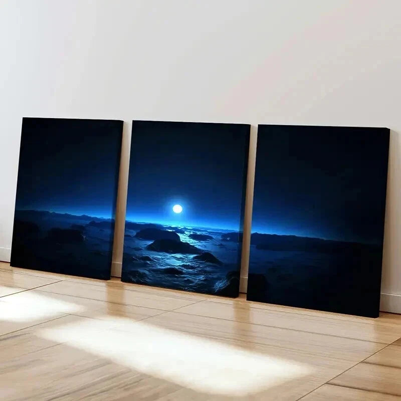3pcs Full Moon Over Beach Landscape Wall Art Set Canvas Framed 50x70cm - High Quality Print 100% Australian Made Wall Canvas Ready to Hang - Bella Home Decor