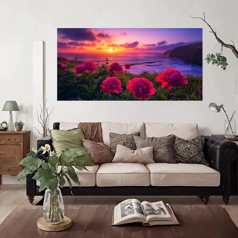 Ocean Sunset With Peonies Wall Art Canvas Office Home Room Framed 120x60cm