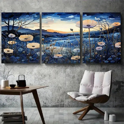 3pcs Blue and White Poppy Flower Metal Print Ready to Hang Art - Bella Home Decor