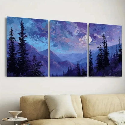 3pcs Serene Mountain and Moonlit Forest Wall Art Set Canvas Framed 60x90cm - High Quality Print 100% Australian Made Wall Canvas Ready to Hang